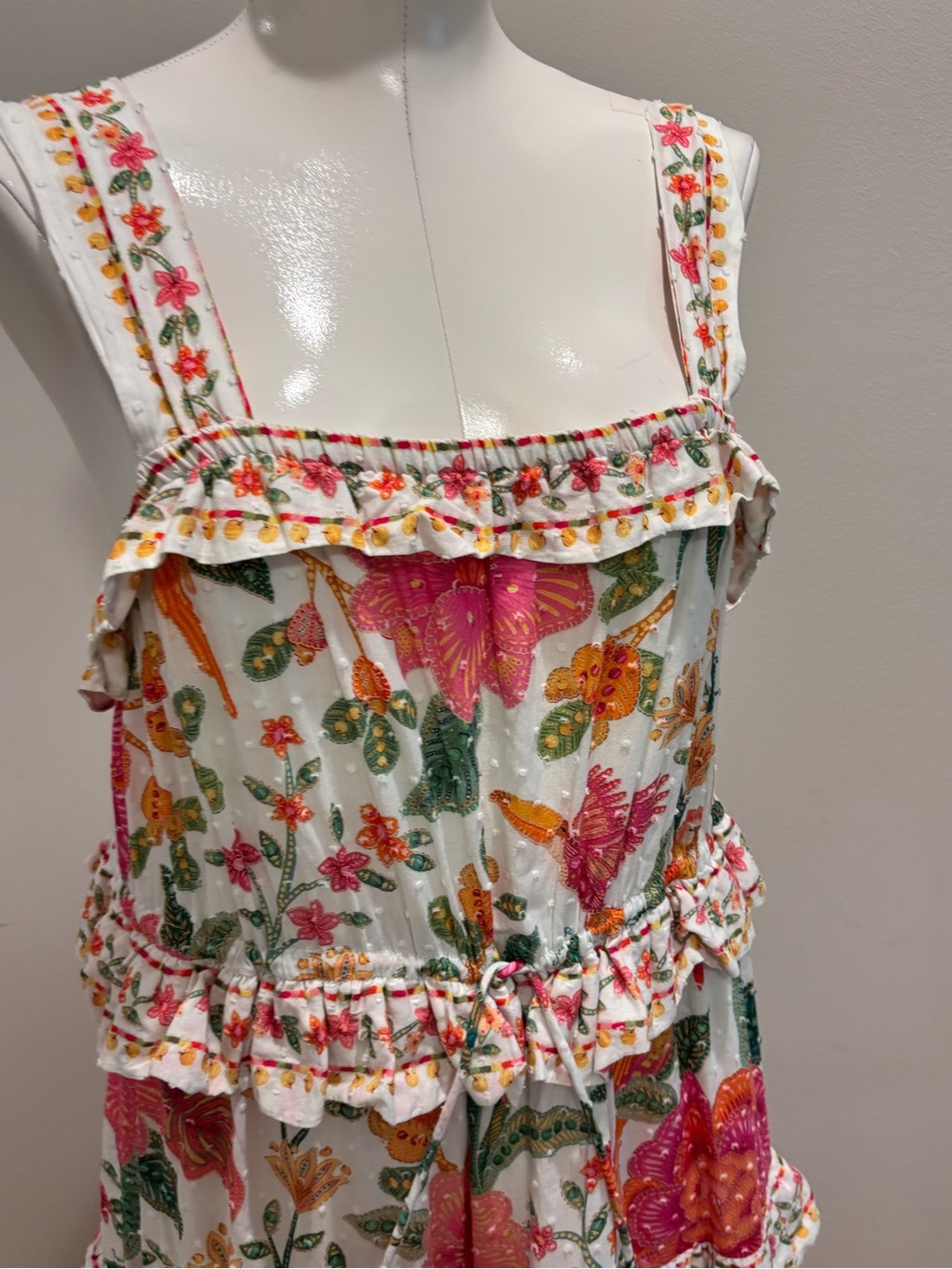 FARM RIO Macaw Bloom Floral Print Cotton Midi Ruffled Dress. - Picture 9 of 11